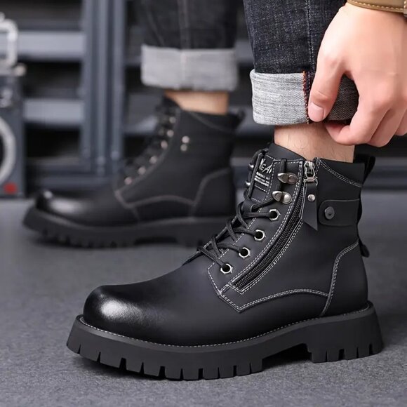 Men's US 6.5-11.5 Black Hiking Boots Lace Up Side‎ Zipper Ankle Casual Shoes - Picture 11 of 11